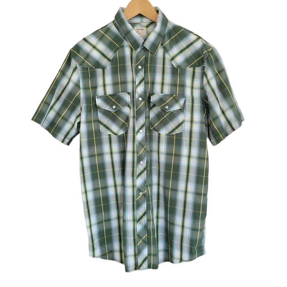 Old Navy Button Up Shirt Mens Size L Green Plaid Short Sleeve Snap Closure